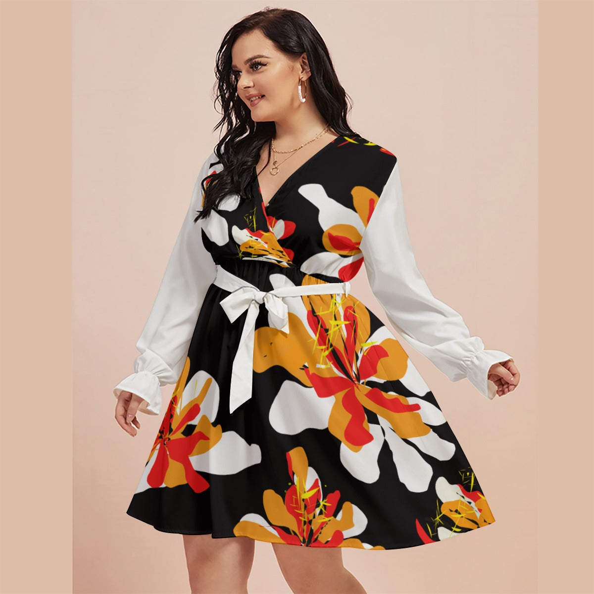All-Over Print Women's V-neck Dress With Waistband(Plus Size)