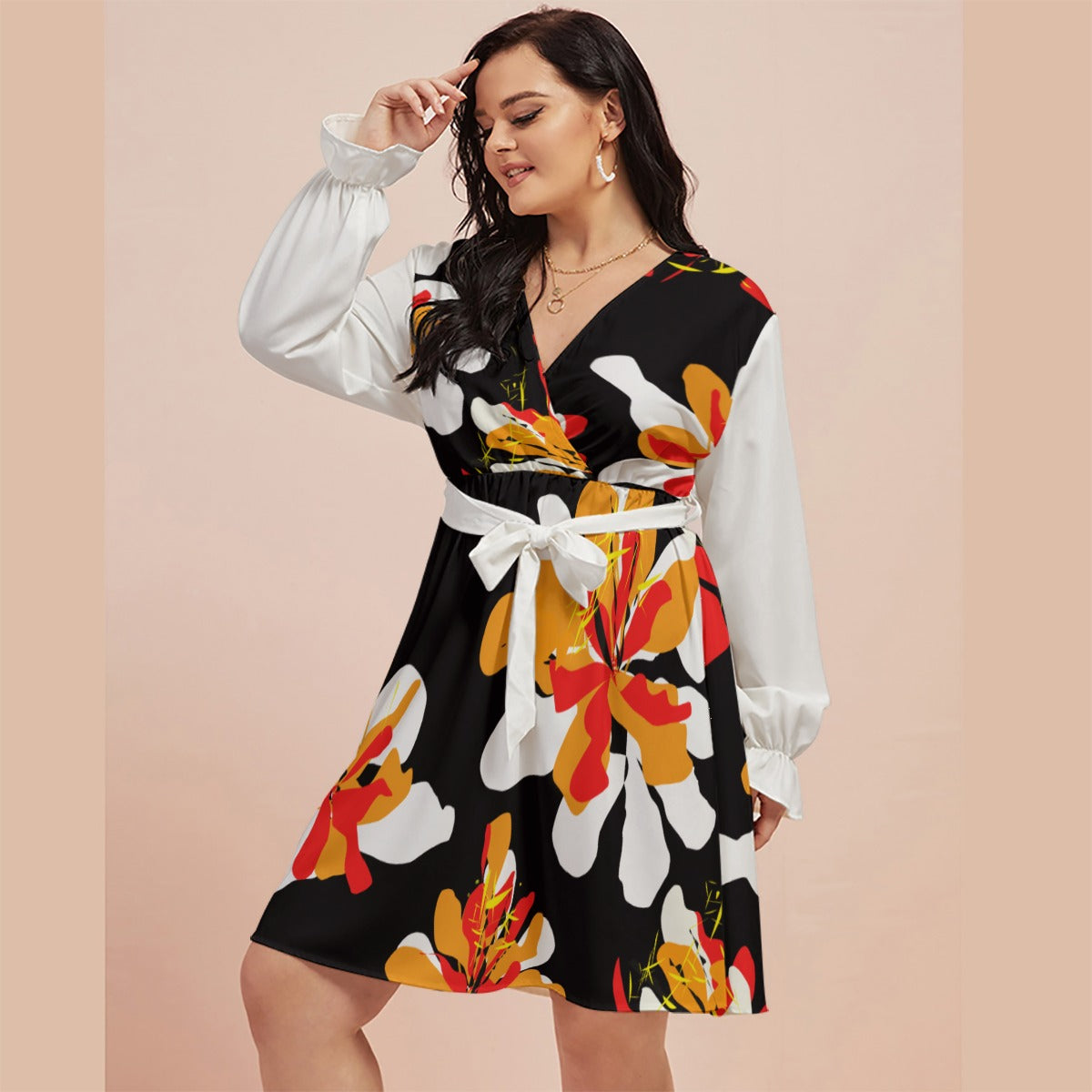 All-Over Print Women's V-neck Dress With Waistband(Plus Size)