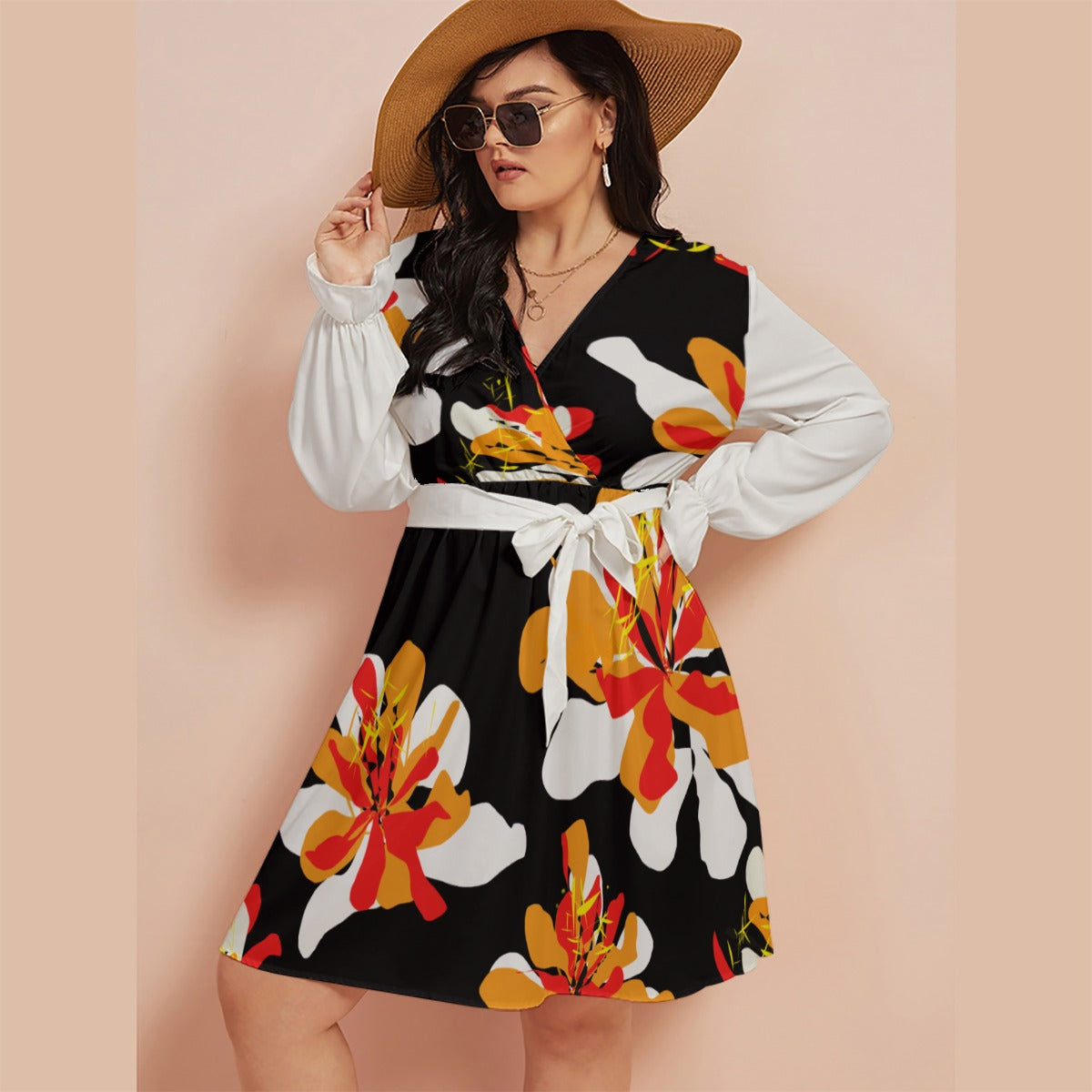All-Over Print Women's V-neck Dress With Waistband(Plus Size)