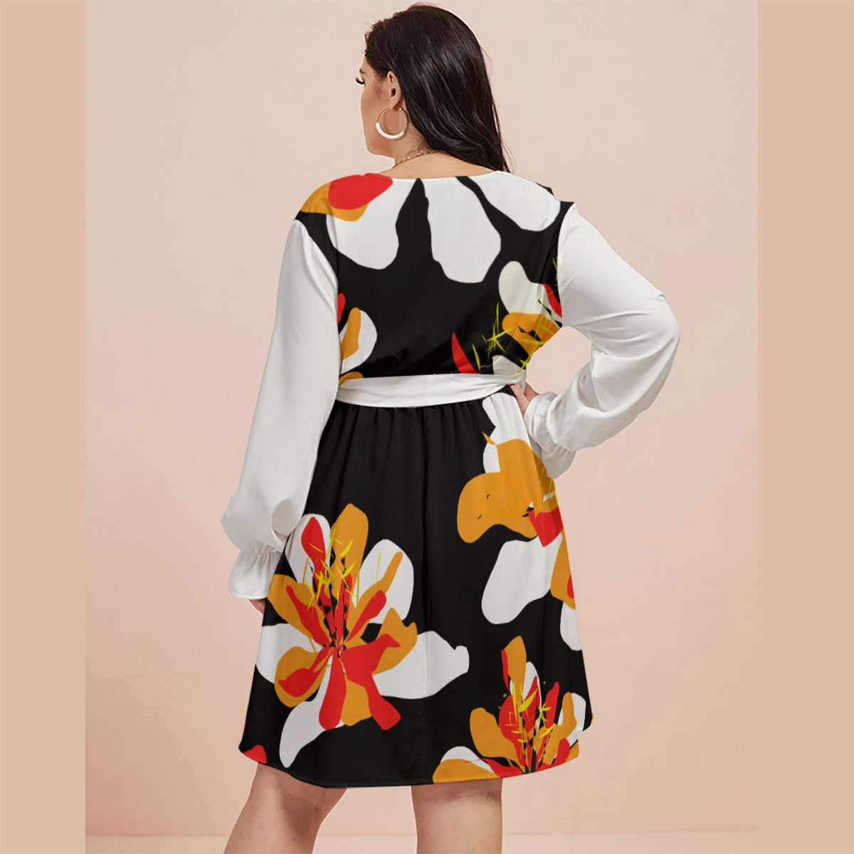 All-Over Print Women's V-neck Dress With Waistband(Plus Size)